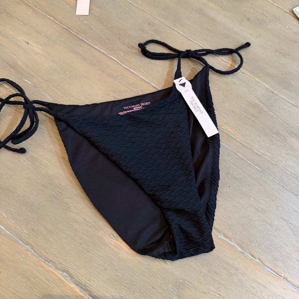 Victoria's Secret Black Textured Tie-Side Bikini Bottom with Adjustable Ties